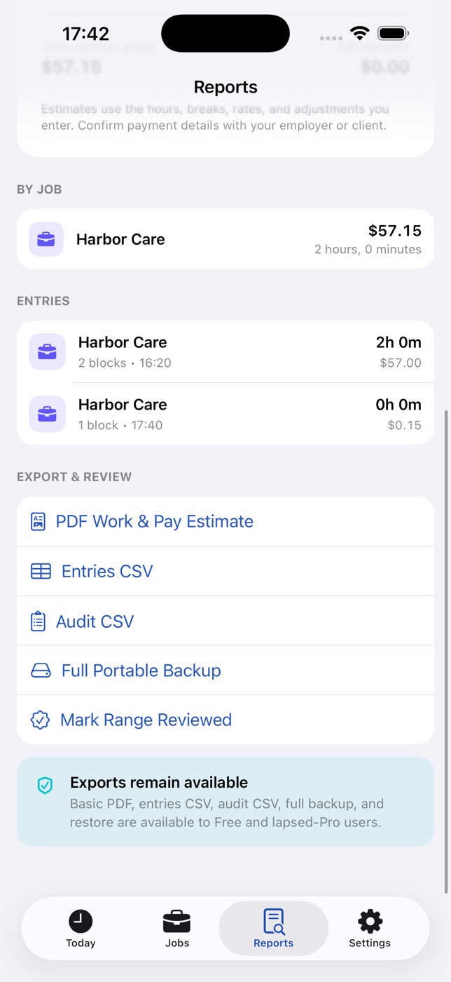 EarnTrace export options for PDF, CSV, audit CSV, and backup