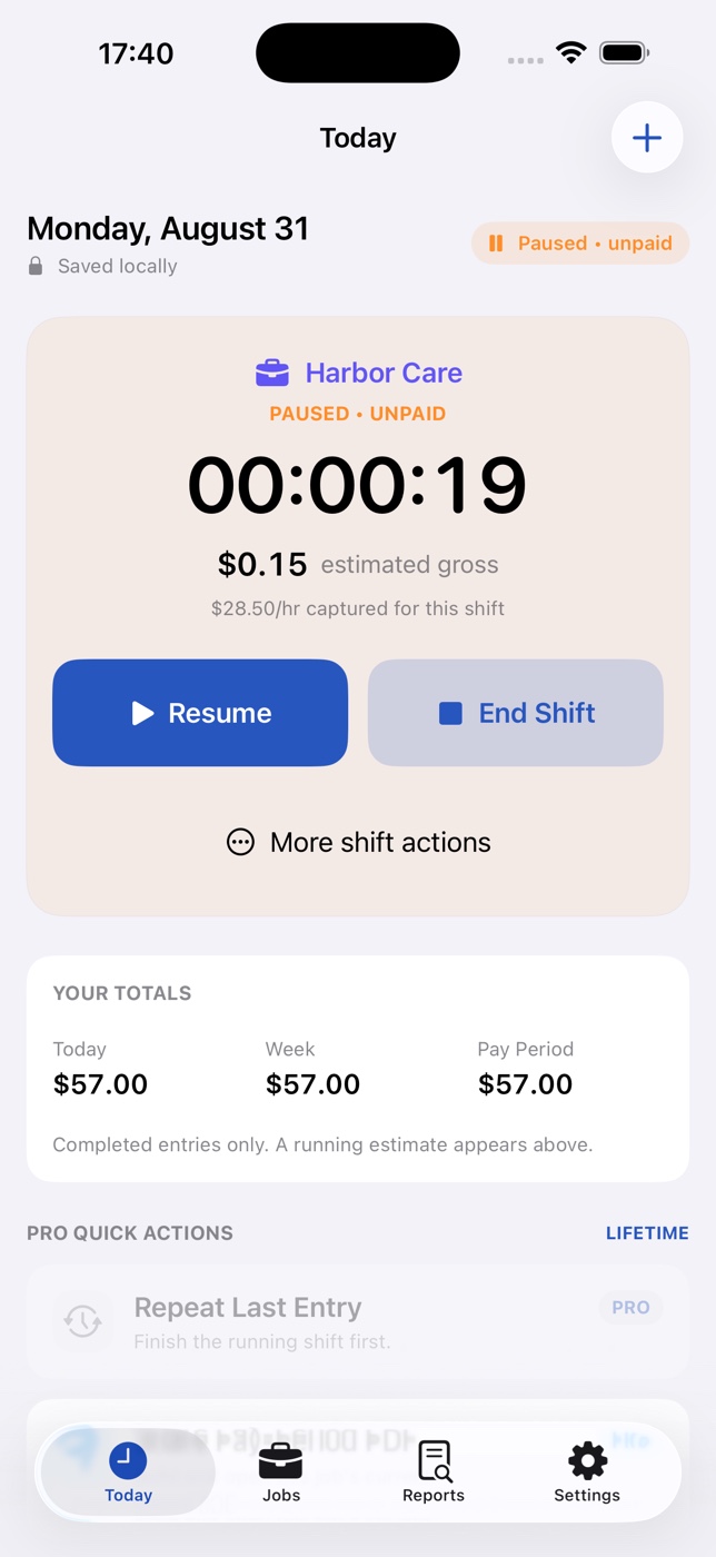 EarnTrace paused timer showing Resume and End Shift controls