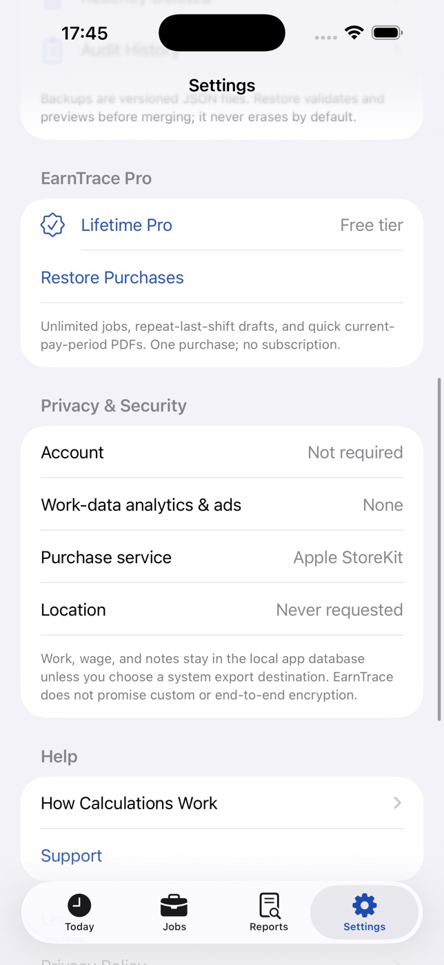 EarnTrace privacy and data settings with export, backup, and deletion controls