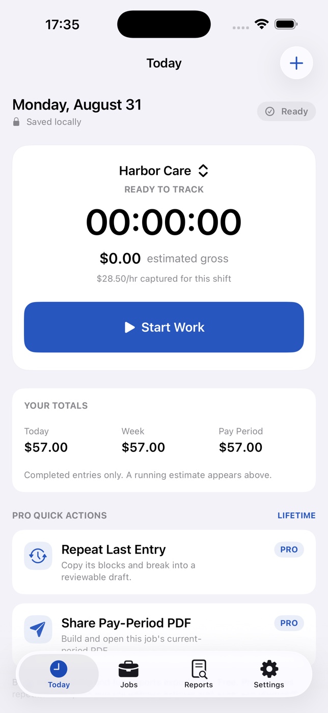 EarnTrace Pro quick actions for repeating an entry and creating a pay-period PDF