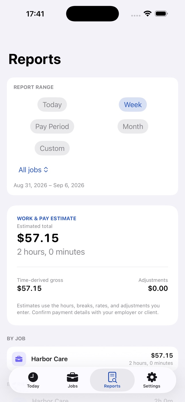 EarnTrace report showing estimated gross and hours by job