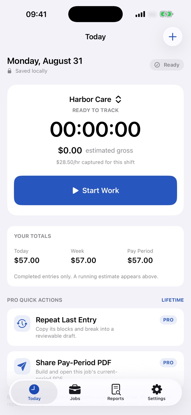 EarnTrace Today screen showing a ready-to-track shift and pay-period estimate